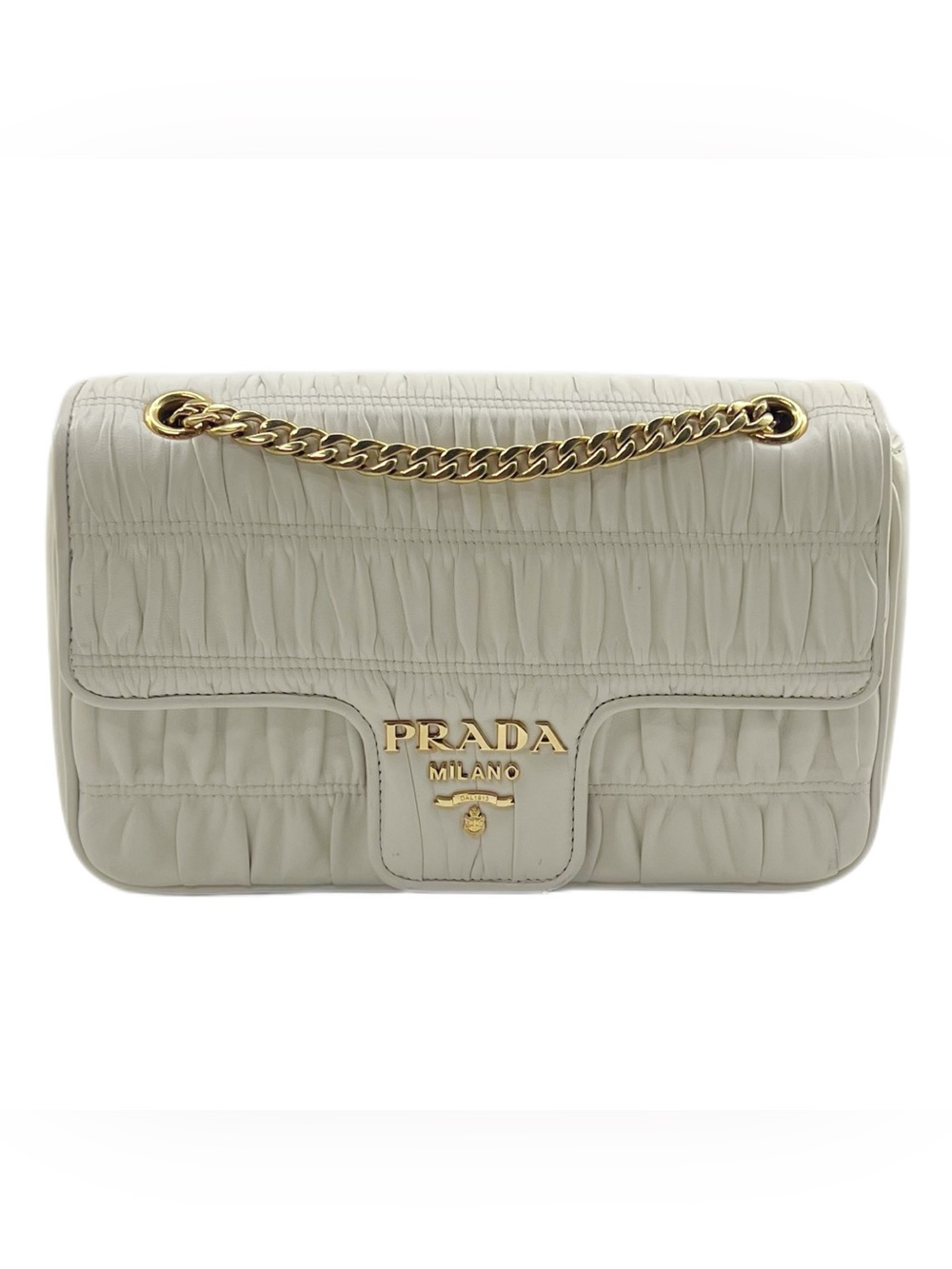 Prada Cream Ruched Leather Shoulder Bag with Gold Chain